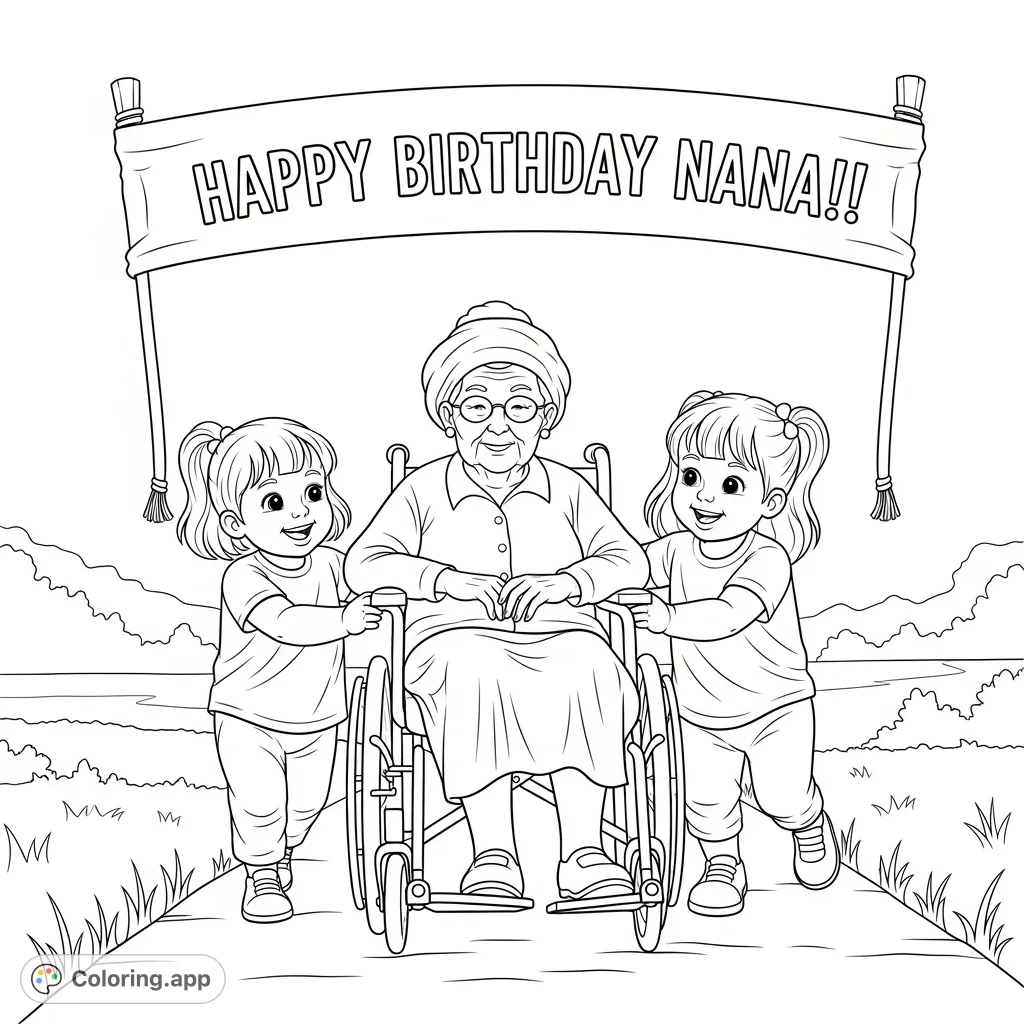 Two cheerful toddlers lovingly push their Nana in a wheelchair, celebrating her birthday with a heartwarming scene perfect for coloring.