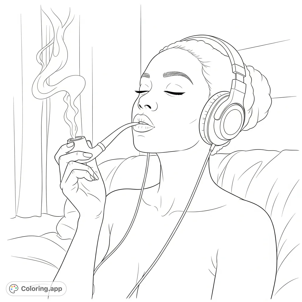 An intimate depiction of an African American woman in a moment of serene relaxation, enjoying music and smoke. Perfect for mindful adult coloring.