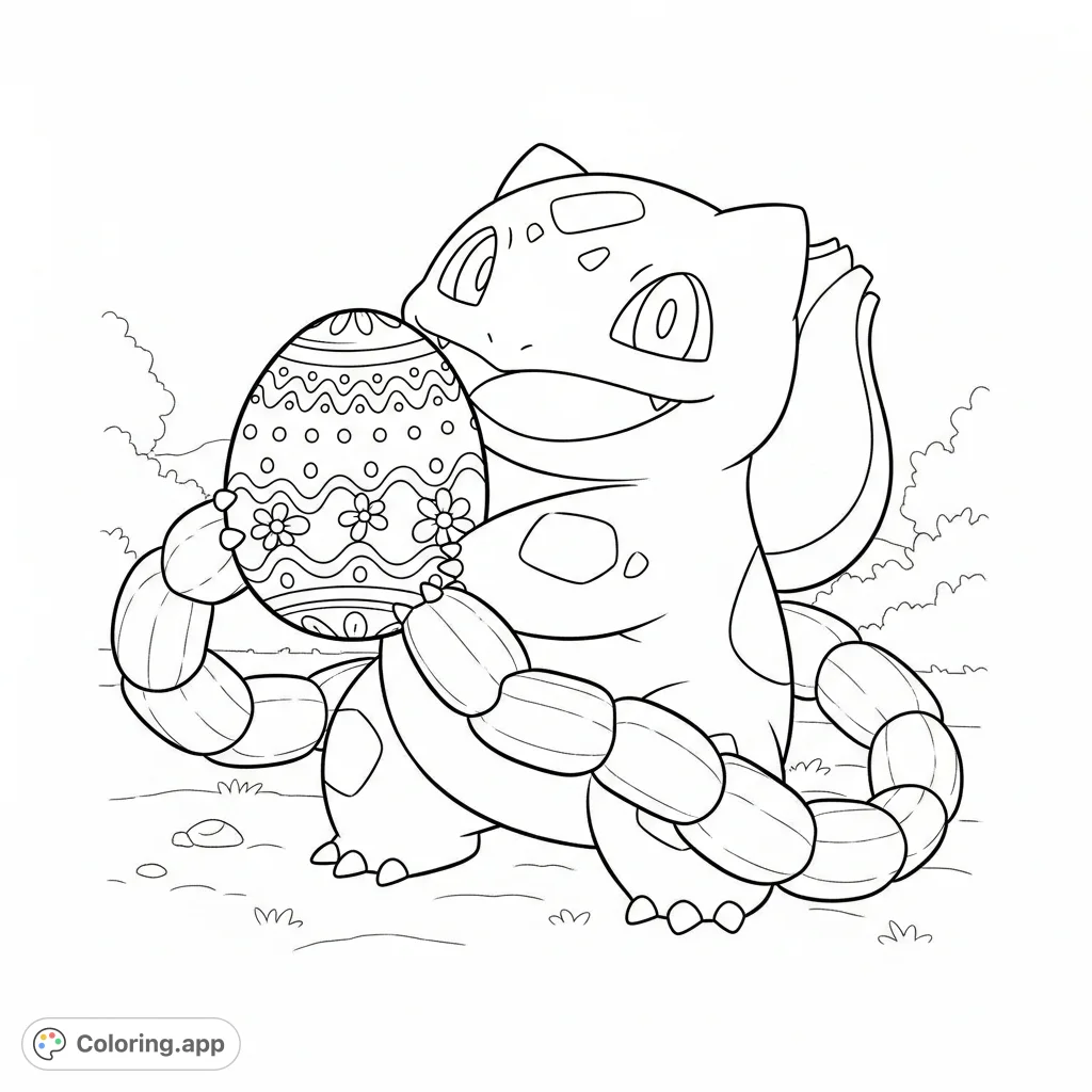 A delightful Bulbasaur proudly presents a beautifully decorated Easter egg using its flexible vines. Perfect for spring-themed coloring fun!