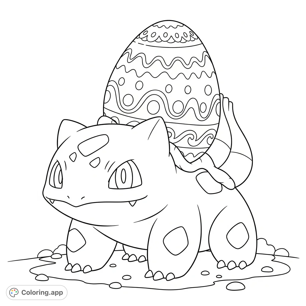 A charming Bulbasaur features a beautifully decorated Easter egg instead of its usual bulb, ready for a festive coloring adventure. A unique twist for fans!