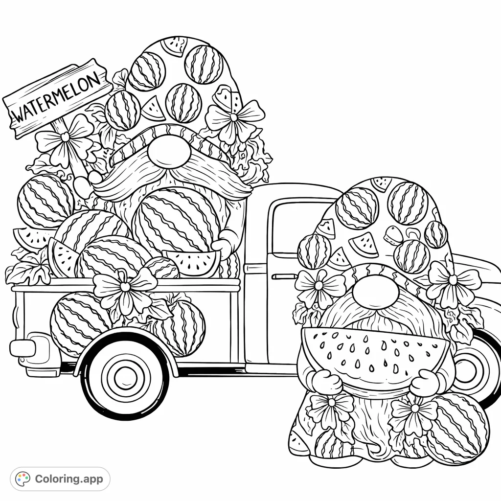Two charming gnomes enjoy a bountiful harvest of watermelons, with one holding a sweet slice and another nestled amongst fruit in a vintage truck.