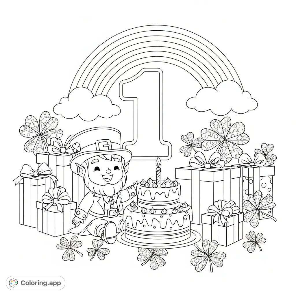 Celebrate a tiny leprechaun's first birthday with this whimsical coloring page featuring a cake, gifts, clovers, and charming details. Perfect for festive fun!