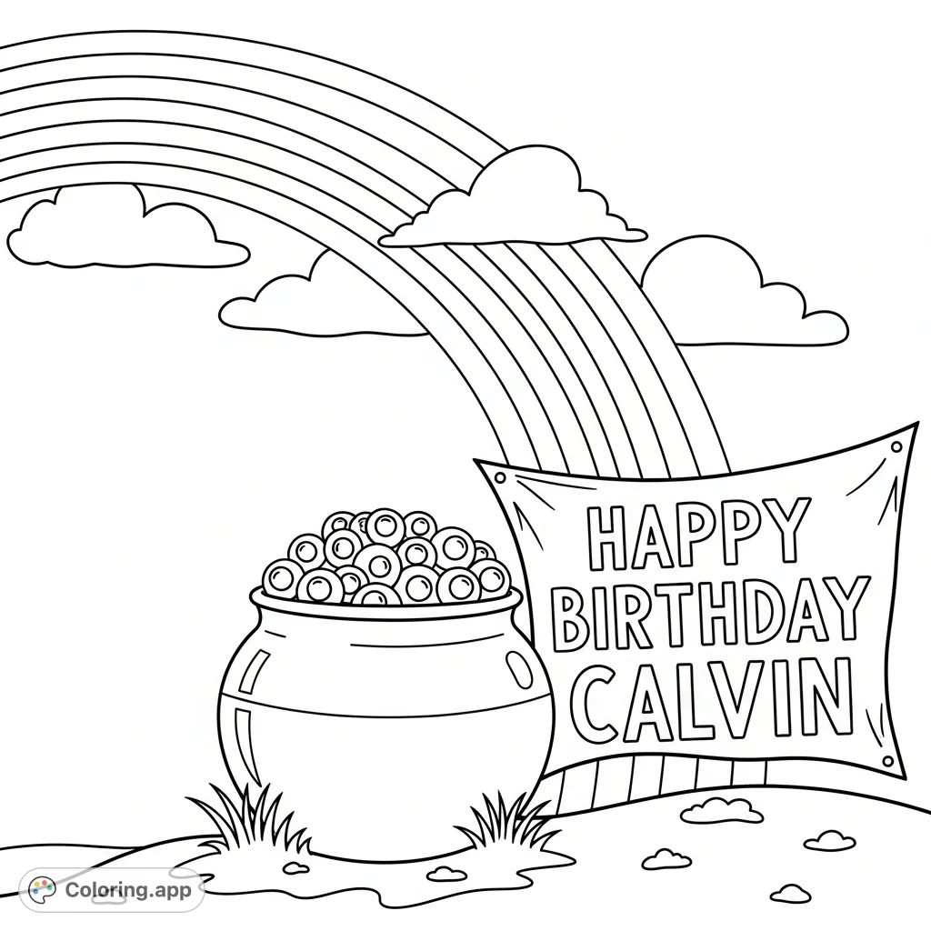 A charming rainbow arcs to a pot filled with shiny treasures, featuring a special "Happy Birthday Calvin" message. Perfect for a joyful celebration coloring page!