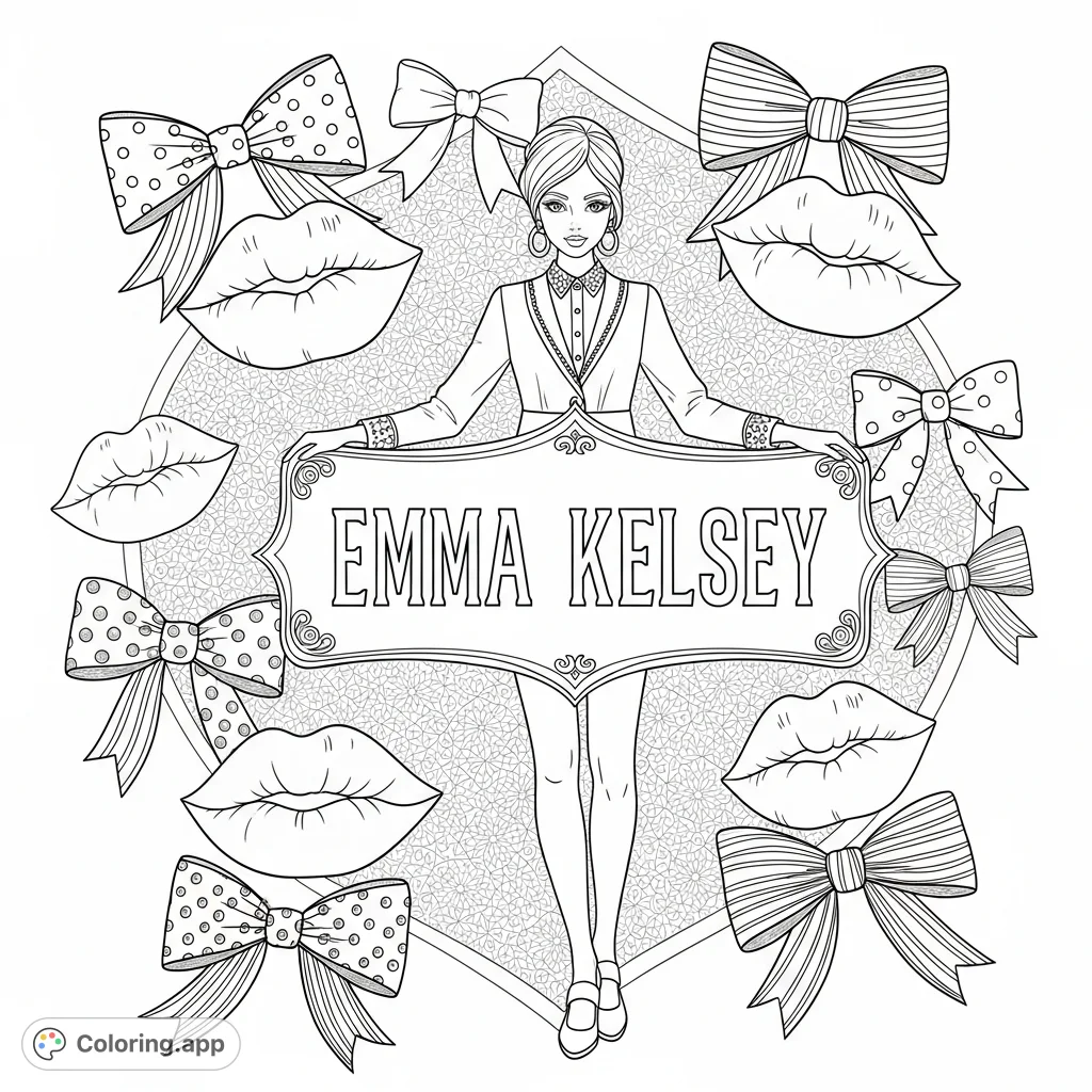A delightful EMMA KELSEY coloring page featuring a chic girl, charming lips, and stylish preppy bows. Perfect for personalized creative fun!
