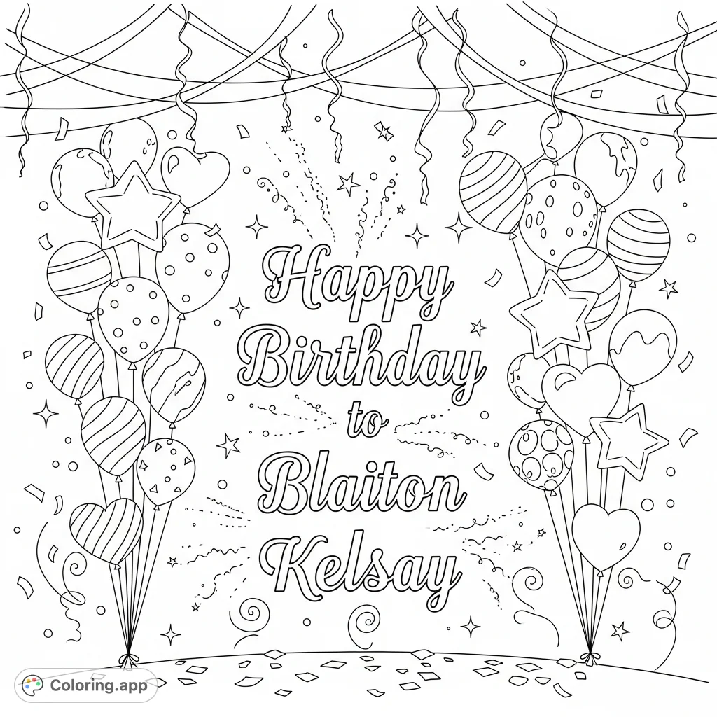 Celebrate a special day with this magical birthday coloring page, featuring festive balloons, sparkling decorations, and personalized 'Happy Birthday to Blaiton Kelsay' text.