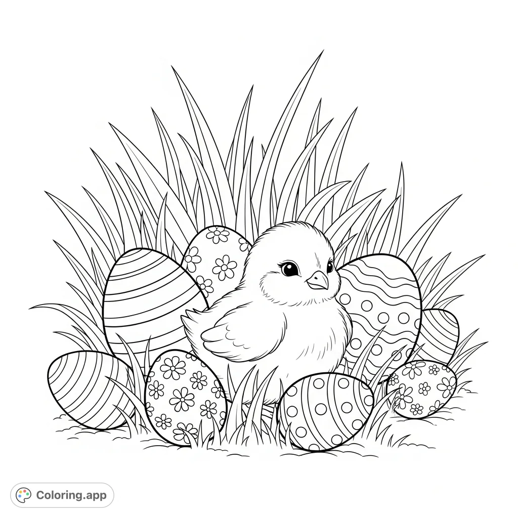 A charming Easter coloring page featuring a cute chick surrounded by patterned Easter eggs nestled within tall grass. A delightful scene for kids and adults.