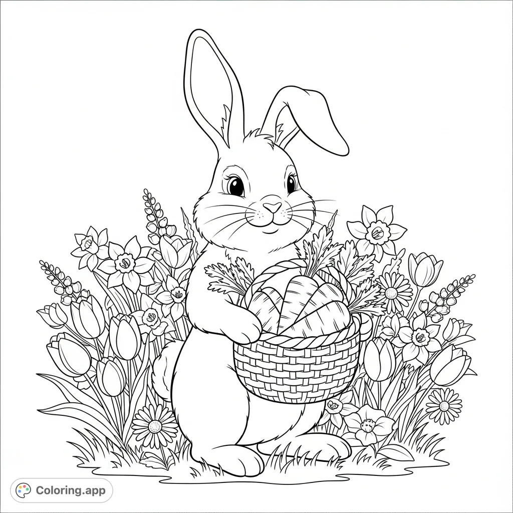 A charming Easter bunny holds a carrot basket amidst a field of various spring flowers, creating a delightful holiday scene for coloring.
