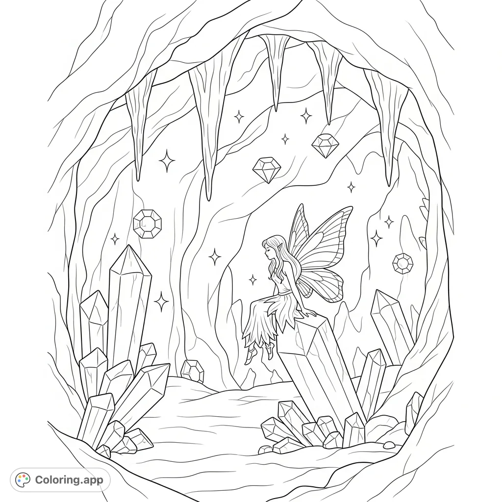 Explore a magical crystal cave where a delicate fairy and hidden sparkling gems await your creative touch. A mystical fantasy scene.