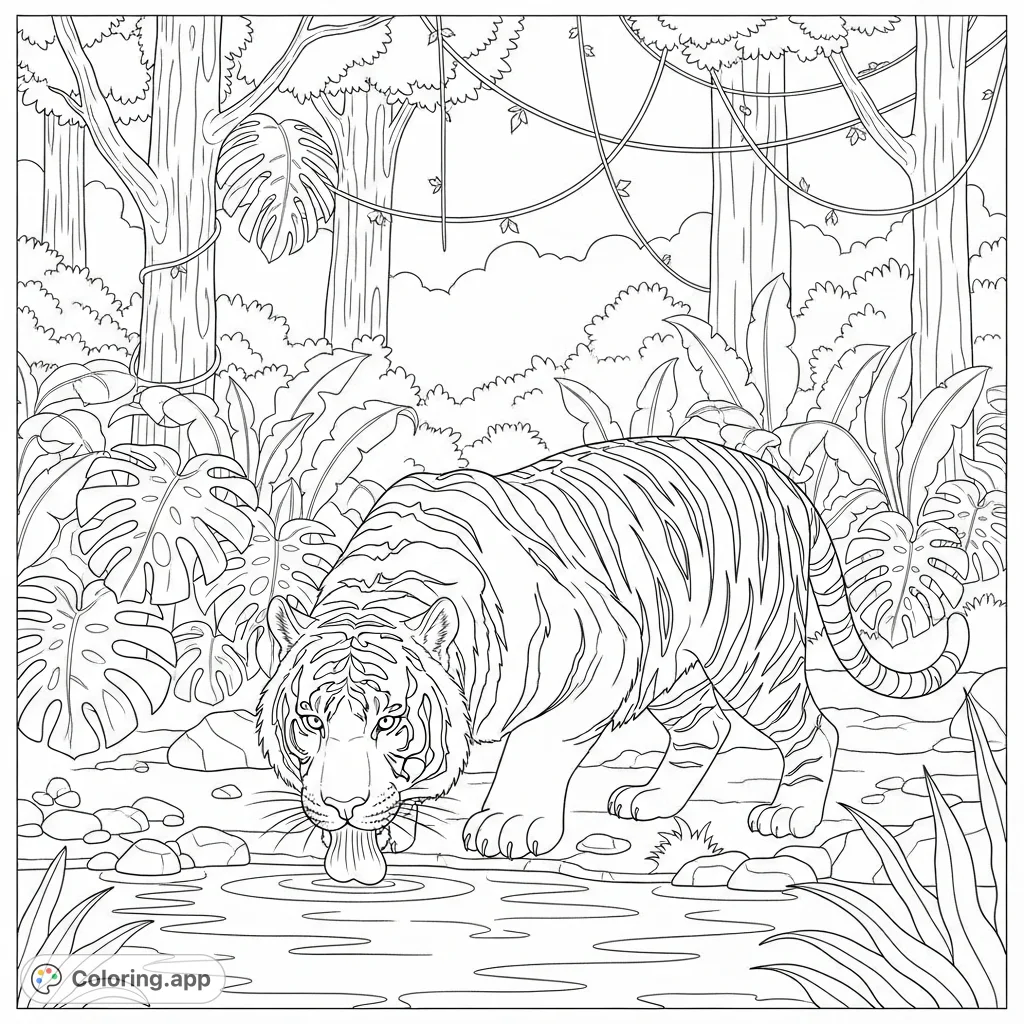 A powerful tiger drinks at a serene jungle watering hole, surrounded by lush foliage. Features intricate striped patterns for a captivating coloring experience.