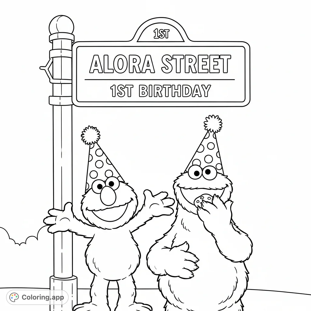 A delightful Elmo and Cookie Monster coloring page featuring the characters with birthday hats and a personalized "Alora Street 1st birthday" sign.