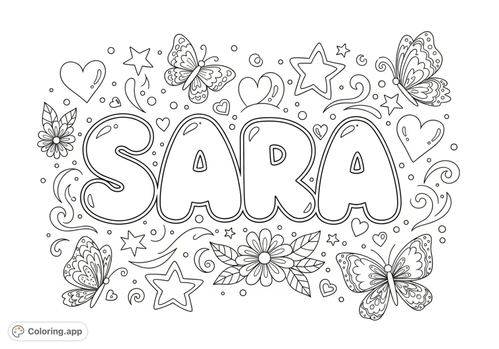 A delightful SARA coloring page featuring bold bubble letters adorned with charming hearts, stars, and butterflies. Perfect for personalizing and creative fun!