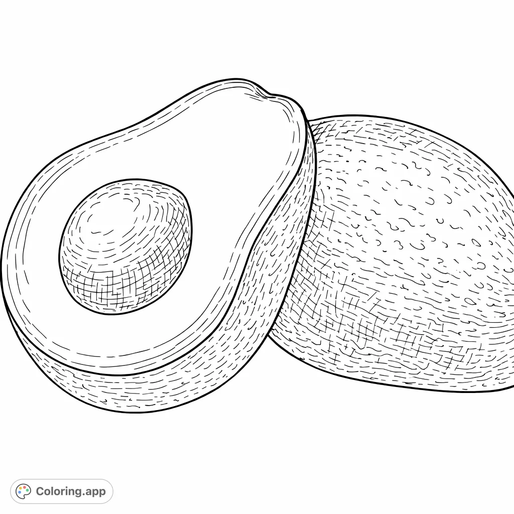 Explore a detailed avocado coloring page featuring a halved fruit with its textured pit and a whole avocado. Perfect for foodies and nature enthusiasts.