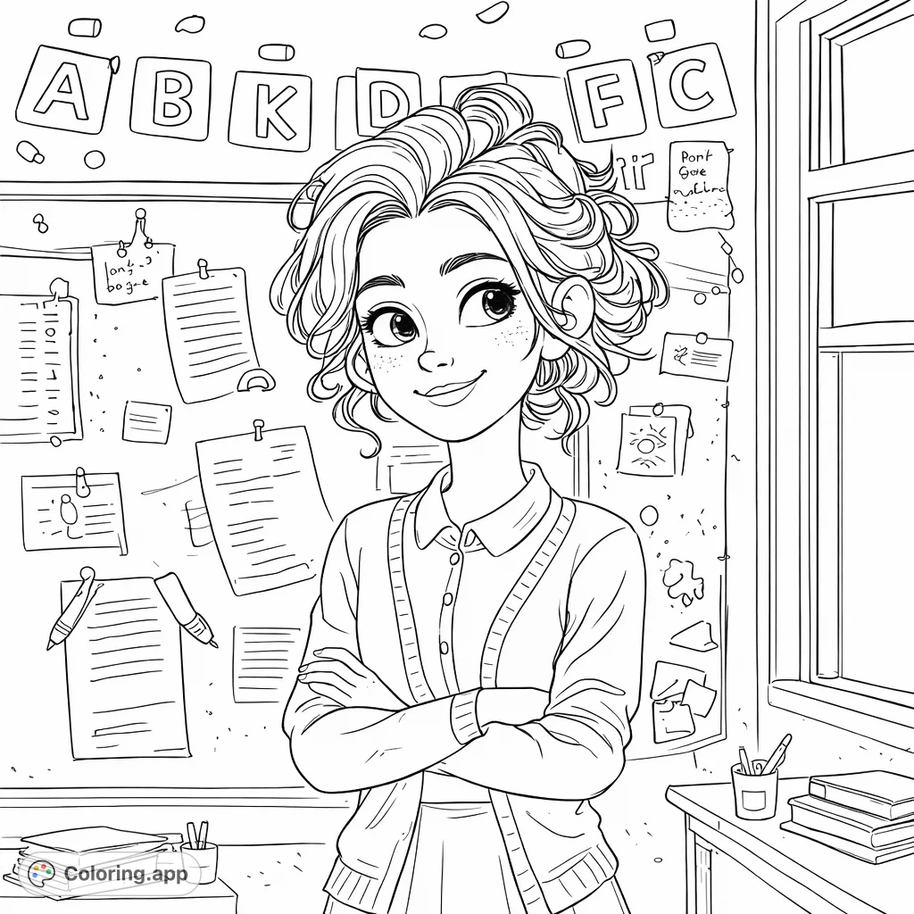 A friendly teacher with a warm smile stands in a detailed classroom setting. Perfect for school-themed coloring fun and appreciation!