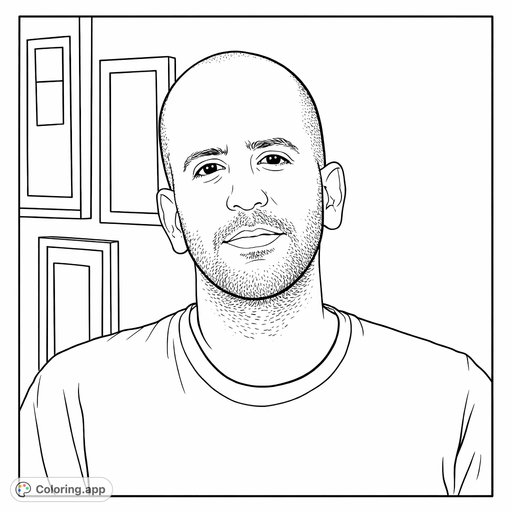 Color a thoughtful portrait of a man with a shaved head and beard. A realistic design perfect for practicing shading and human features.