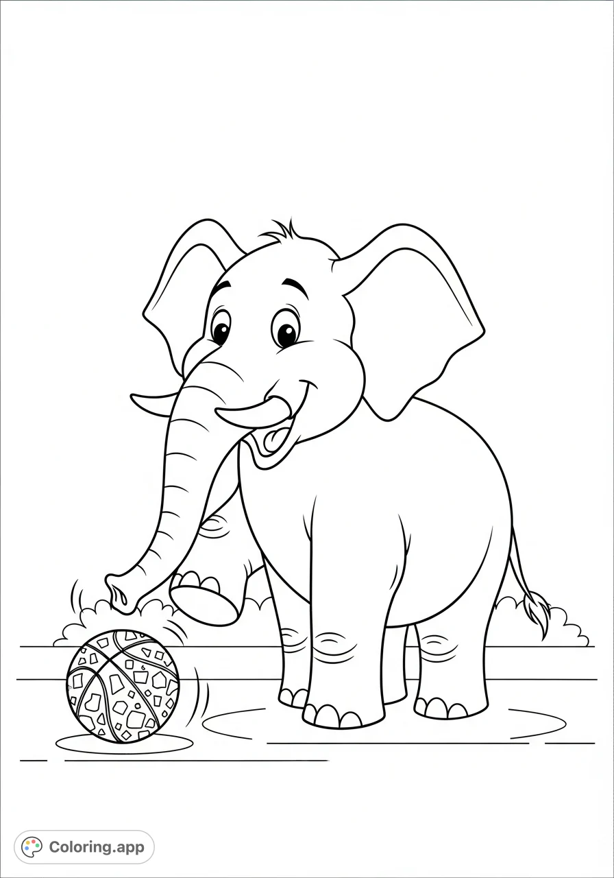 A cheerful elephant dribbles a basketball with its trunk, sporting a funny expression on a simple court. A whimsical and free printable elephant coloring page for kids.