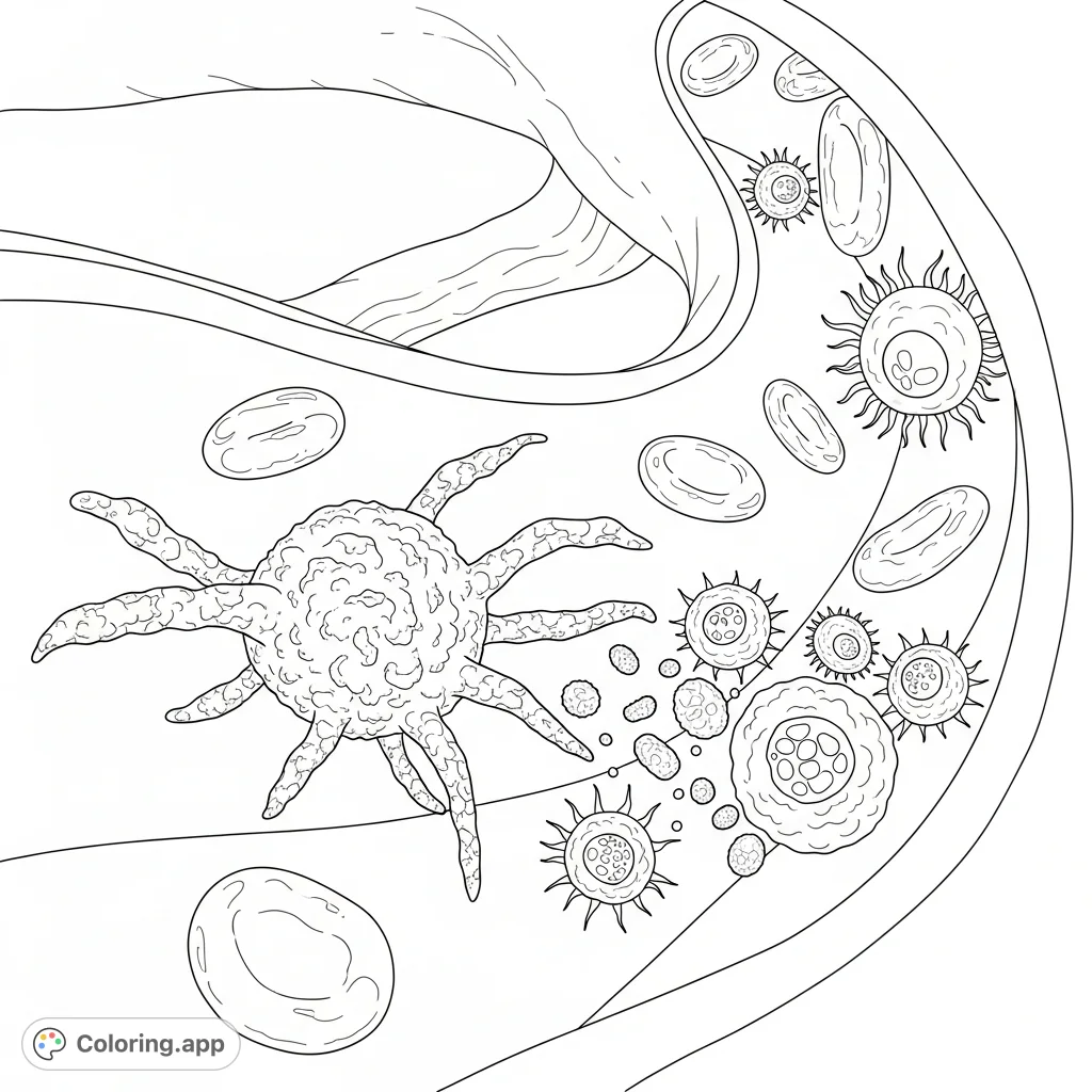 Explore the microscopic world with this immune system coloring page. A macrophage, neutrophils, and lymphocytes battle foreign invaders within a blood vessel.