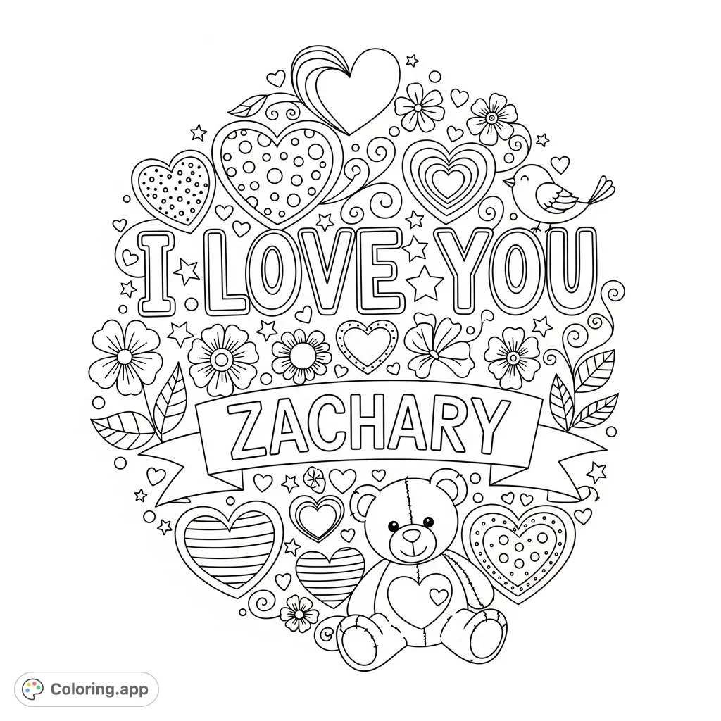 Express affection with this I love you Zachary coloring page featuring charming hearts, flowers, a teddy bear, and decorative text. A heartfelt, free printable.