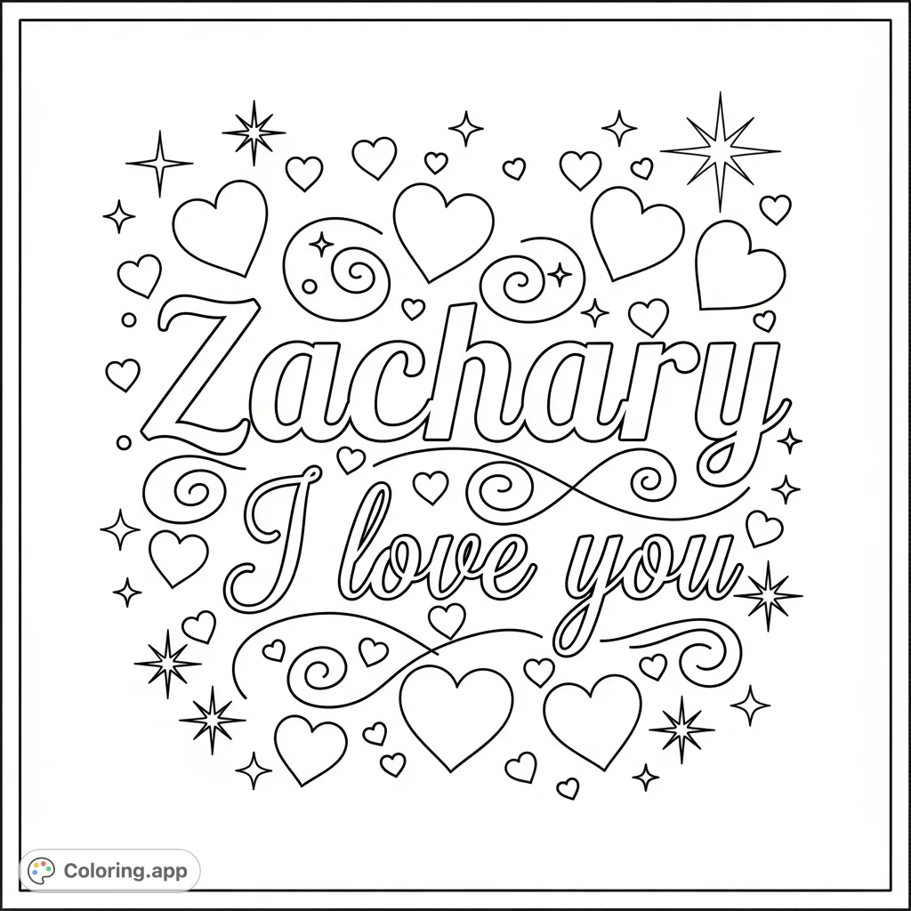 A heartfelt coloring page featuring the name 'Zachary' and the phrase 'I love you,' adorned with delightful hearts and swirls for a personal touch.