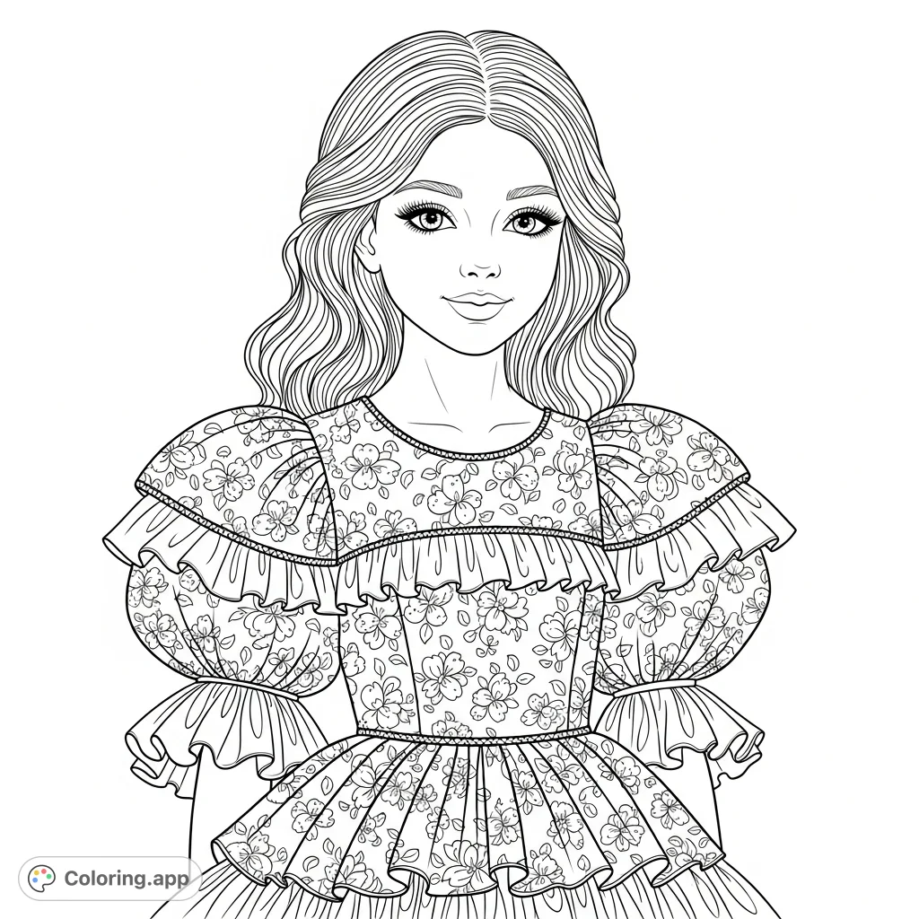 A beautiful 13-year-old girl with wavy hair and long eyelashes wears an elegant floral dress with puffy sleeves and ruffled layers, perfect for detailed coloring.