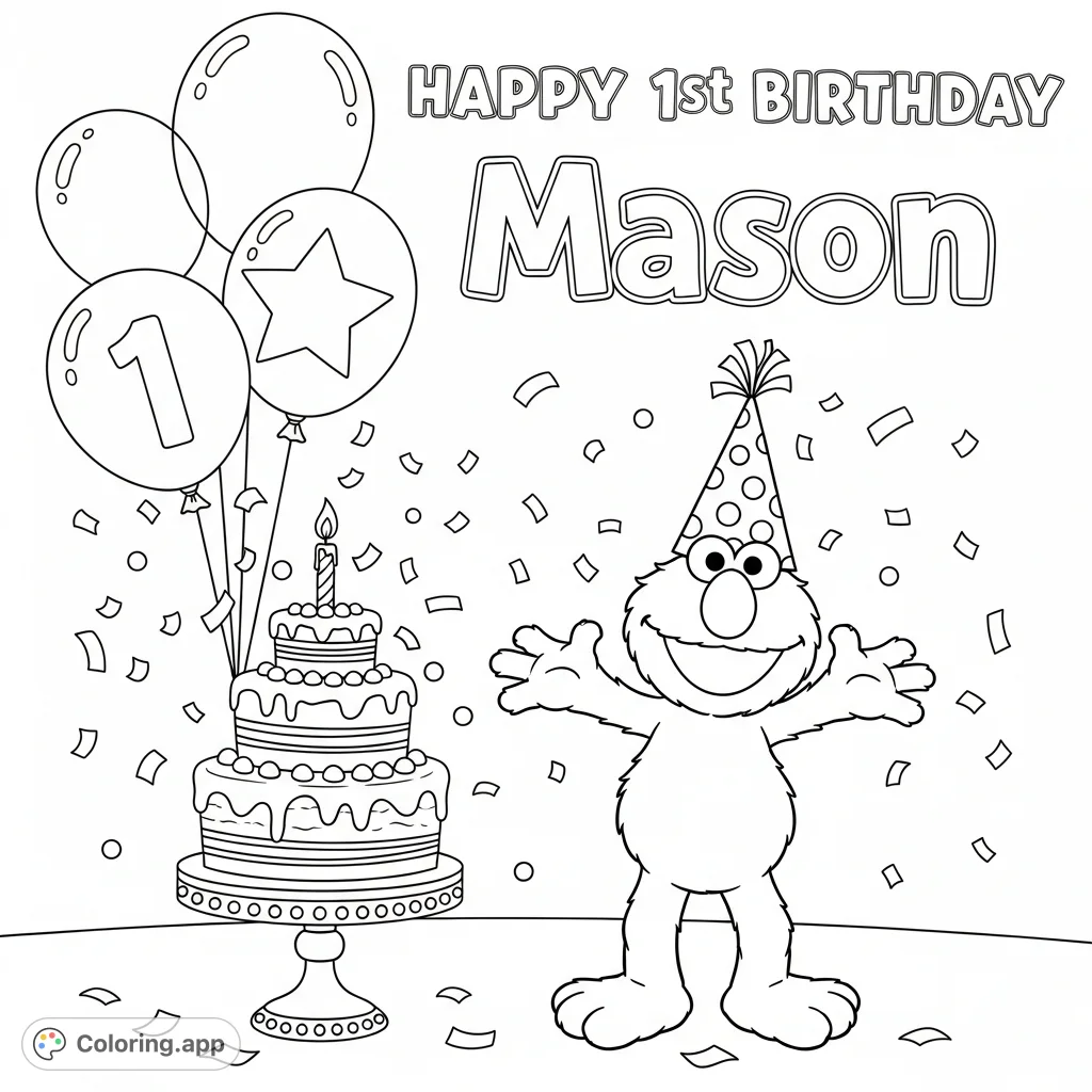 Elmo joyfully celebrates Mason's 1st birthday with a festive cake, balloons, and confetti. A delightful scene for young fans to color and personalize!