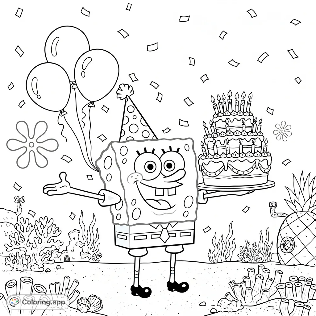 Join Spongebob for a fun-filled birthday! This free printable Spongebob birthday coloring page features Spongebob, cake, balloons, and festive Bikini Bottom elements.