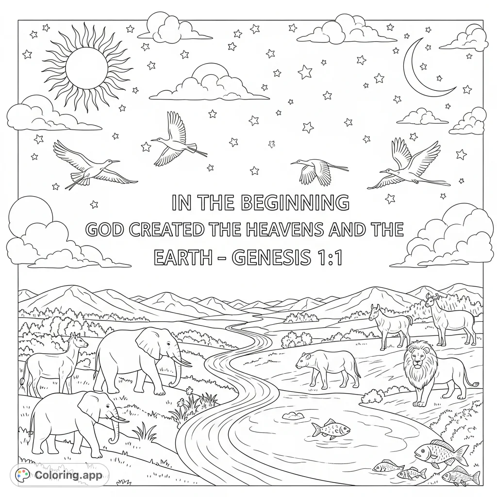 Explore the wonders of creation with this Genesis 1:1 coloring page, featuring celestial bodies, diverse animals, and earthly landscapes. Perfect for all ages!