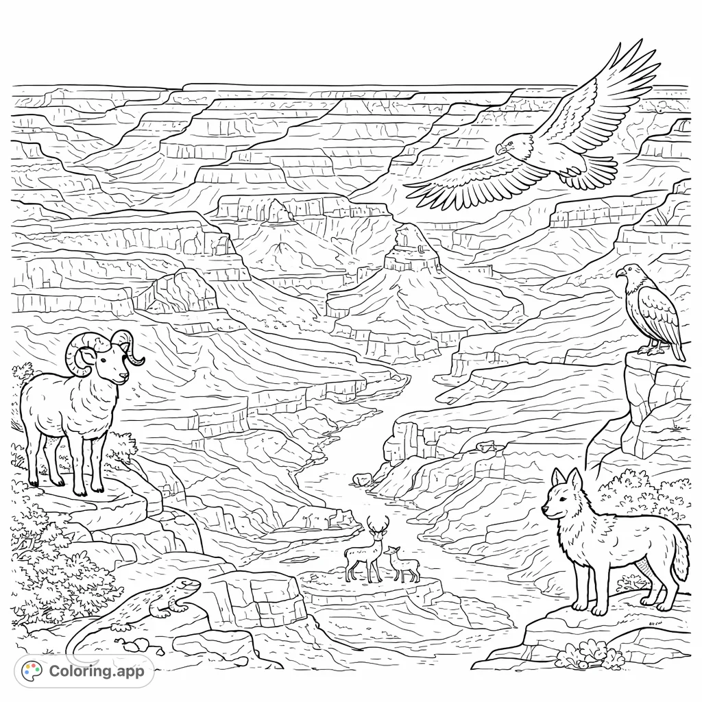 Explore the majestic Grand Canyon with this detailed coloring page, featuring vast layered rock formations, deep chasms, and an expansive sky for creative expression.
