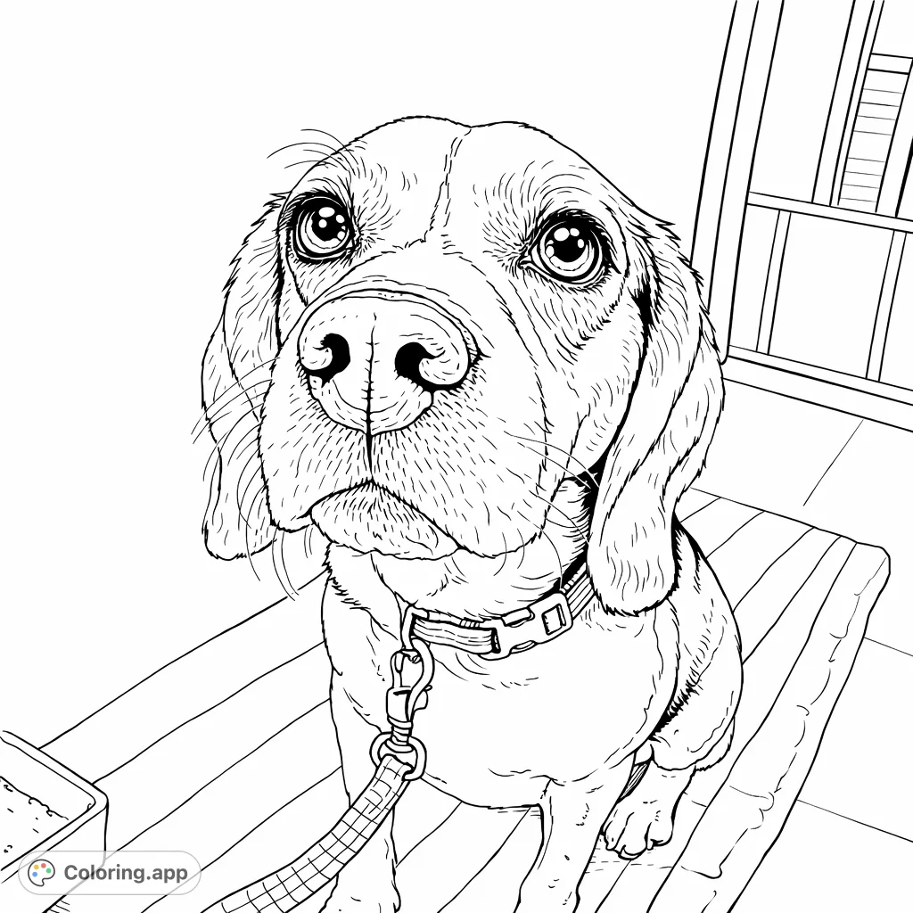 A charming beagle sits attentively, with large expressive eyes and a detailed leash. A delightful beagle coloring page, perfect for dog lovers of all ages.
