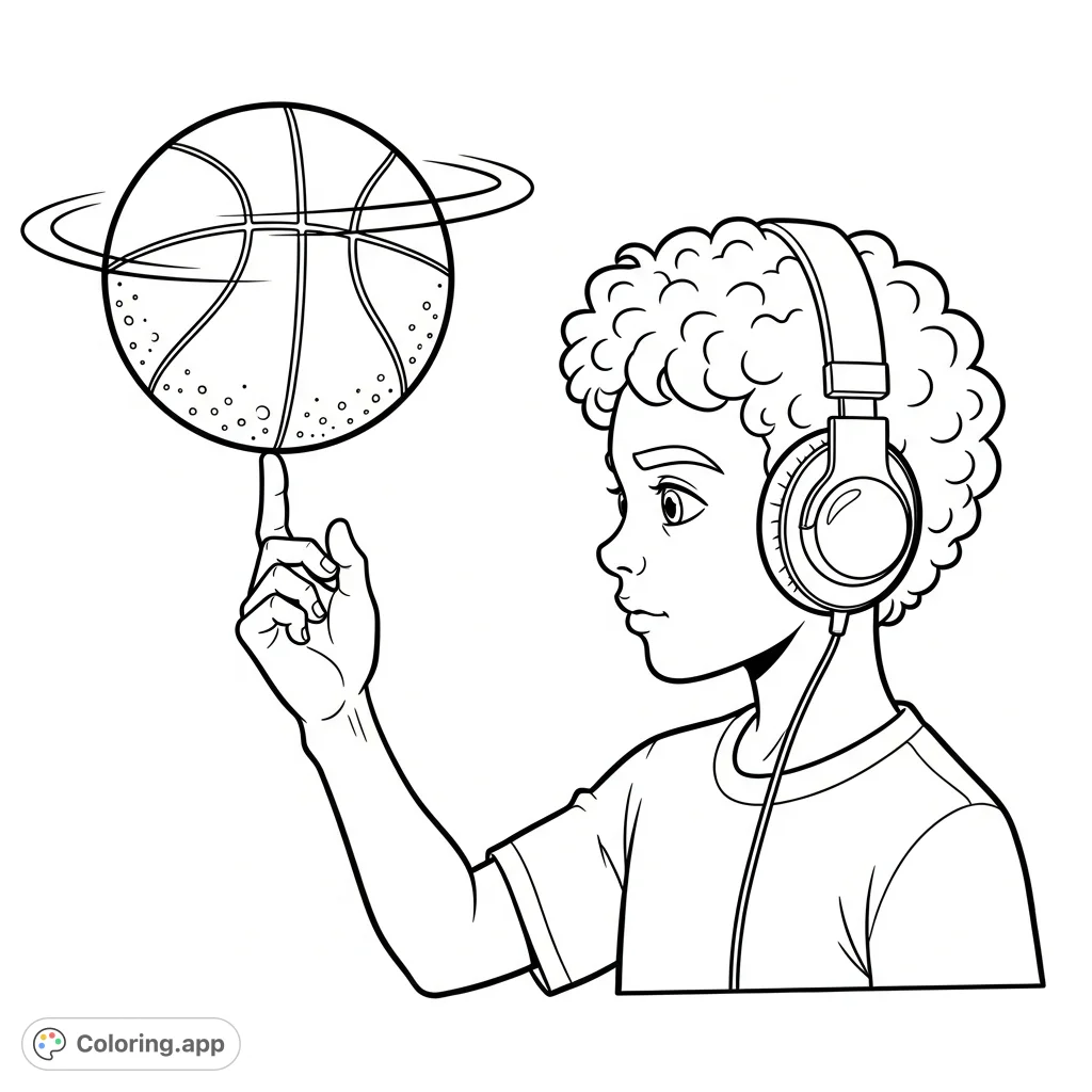 A cool curly-haired boy spins a basketball on his finger while wearing headphones. A dynamic and engaging free printable basketball coloring page for kids and adults.