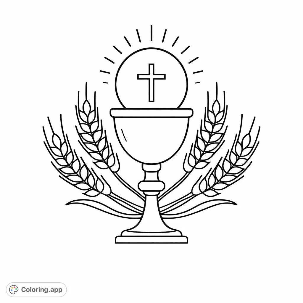 A meaningful chalice and host design framed by wheat stalks, perfect for reflective coloring and spiritual expression. Engage in mindful creation.