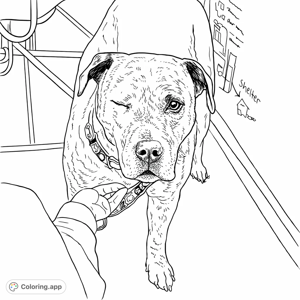 A heartwarming dog coloring page featuring a gentle dog receiving a loving pet from a human hand. Perfect for all ages, capturing a moment of companionship and calm.