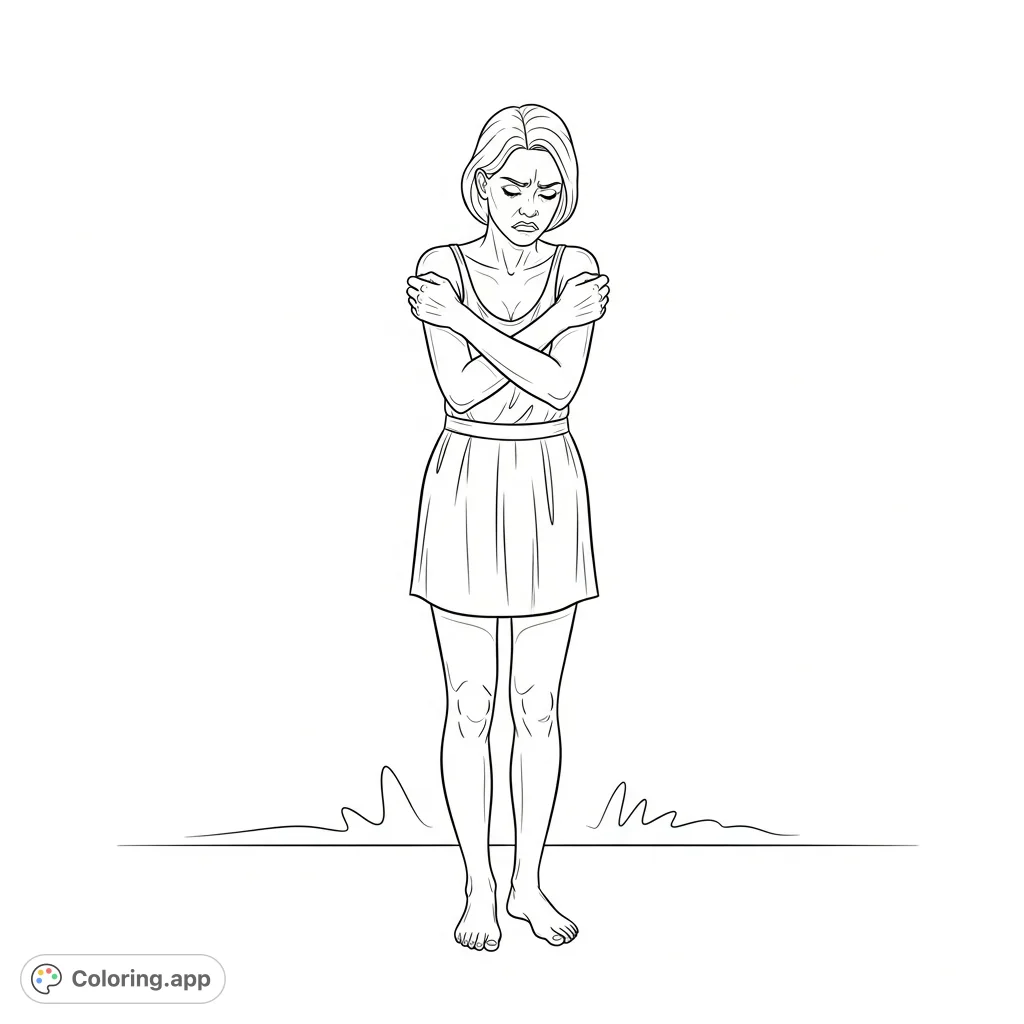 An anatomically detailed coloring page depicting a nude female figure in a pose of deep frustration. Explore human emotion and form through art.