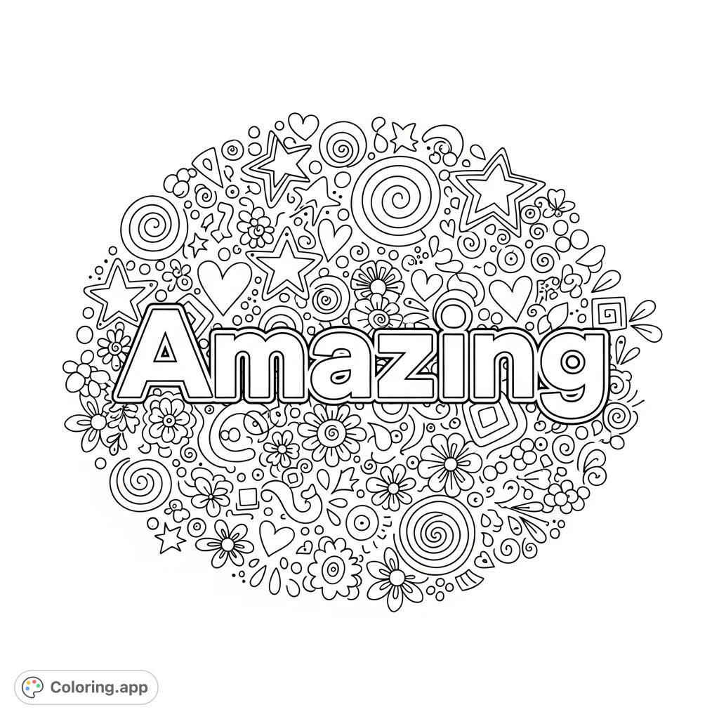 A vibrant "Amazing" word coloring page featuring a bold, stylized font surrounded by an intricate collection of stars, hearts, flowers, and whimsical doodles.