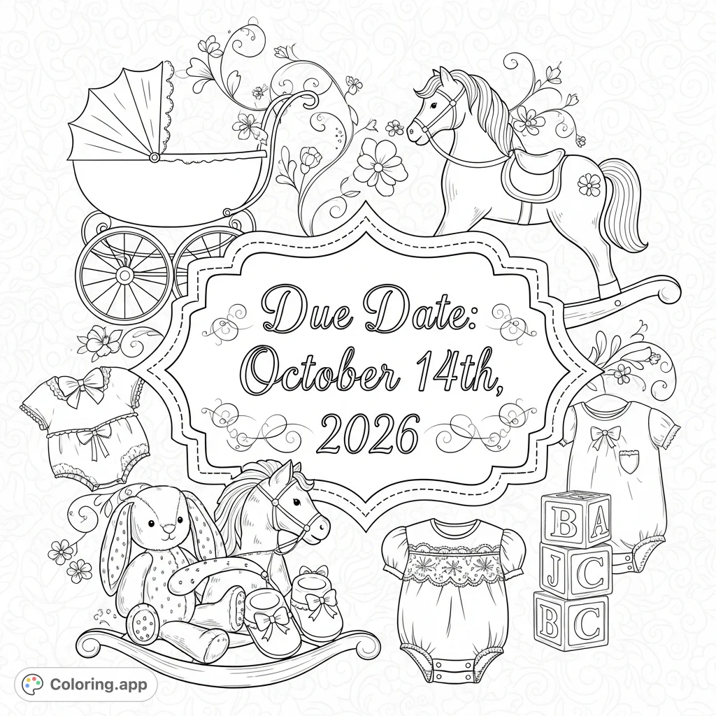 An elegant, vintage-chic coloring page announcing a baby girl's due date, surrounded by charming classic baby items and delicate patterns. Perfect for expectant parents.