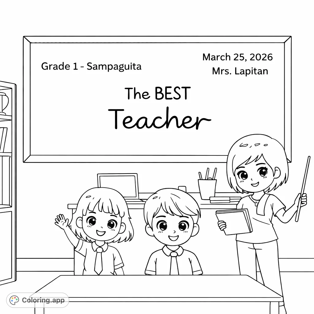 Celebrate educators with this charming classroom scene coloring page! Features a kind teacher and two cheerful students, perfect for appreciating school life and learning.