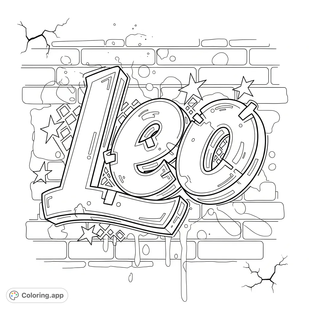 Bold, dynamic 'Leo' in graffiti style on a textured brick wall with urban splatters and geometric accents. A personalized street art coloring page.