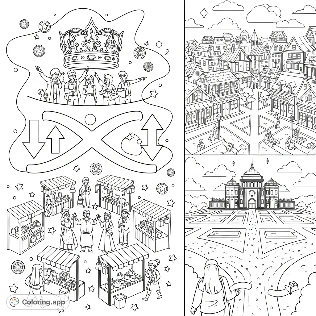 Explore key economic concepts like supply, demand, market, command economies, consumer sovereignty, opportunity cost, and incentives in one detailed, engaging coloring page.