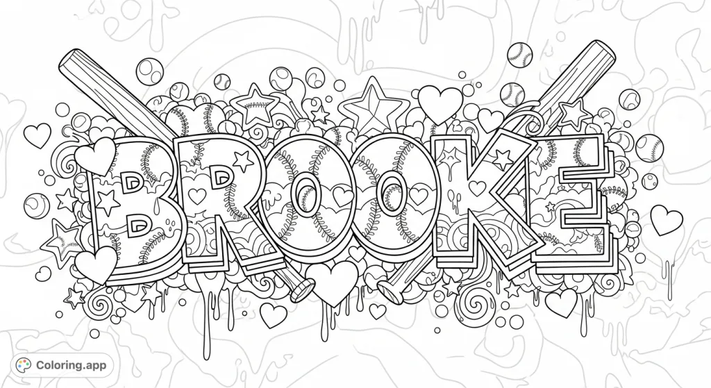A dynamic 'Brooke' graffiti coloring page featuring bold letters with intricate patterns, surrounded by hearts, stars, drips, and abstract urban textures. Engage your creativity!