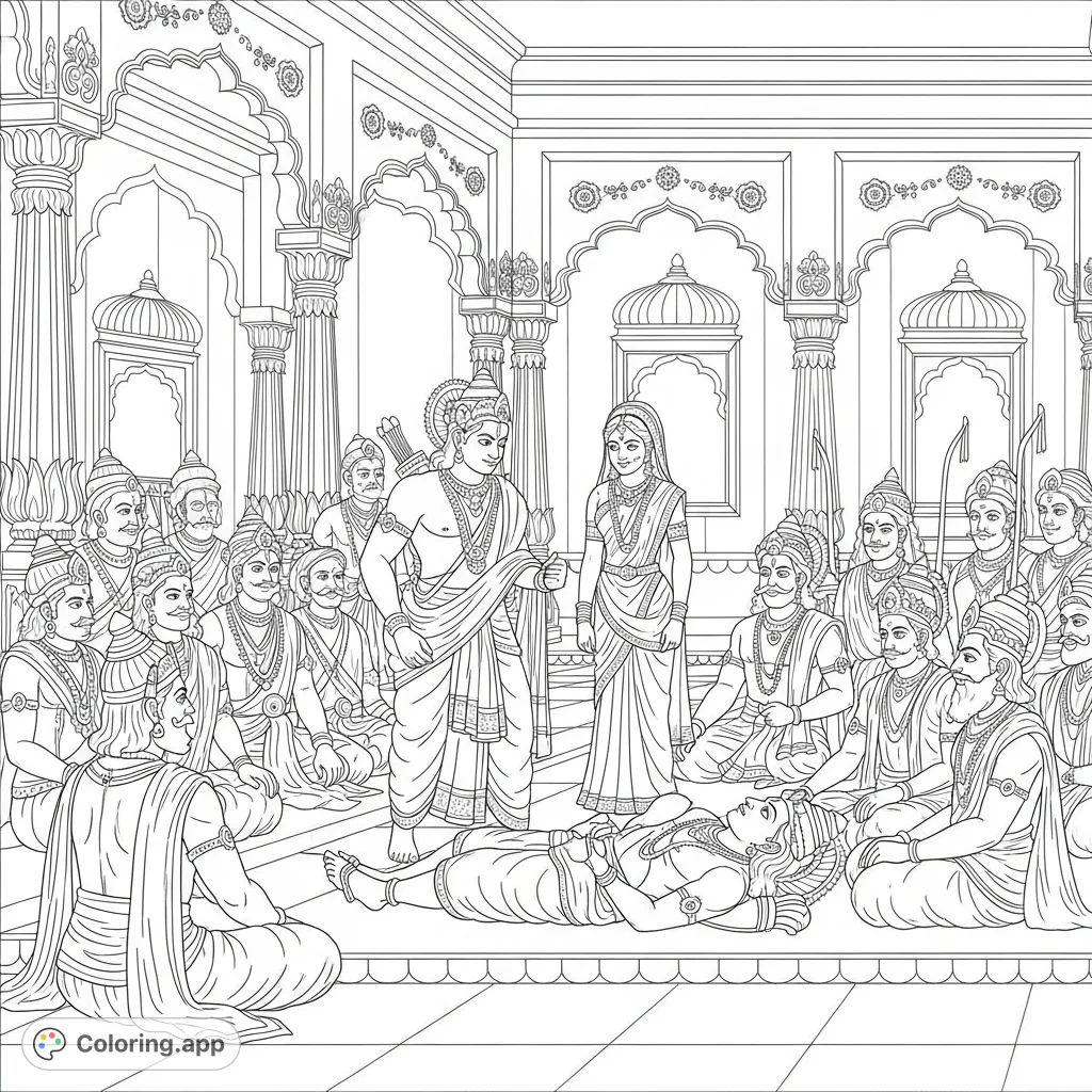 Witness the epic moment of Rama breaking Shiva's bow at Sita's swayamvar. A grand royal palace, kings watching, traditional Indian attire.