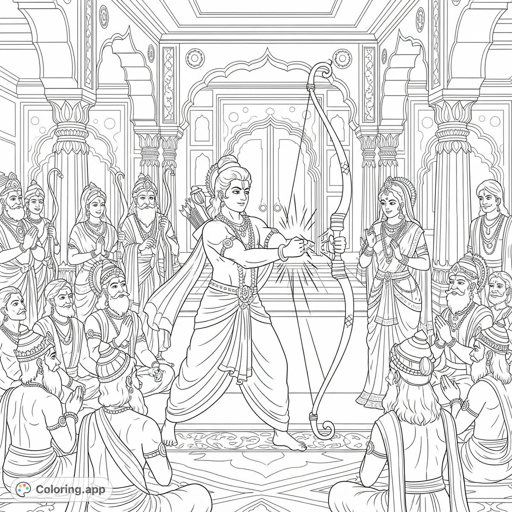 Experience the epic moment of Rama breaking Shiva's bow at Sita's swayamvar. A detailed depiction of a pivotal Hindu mythological event.