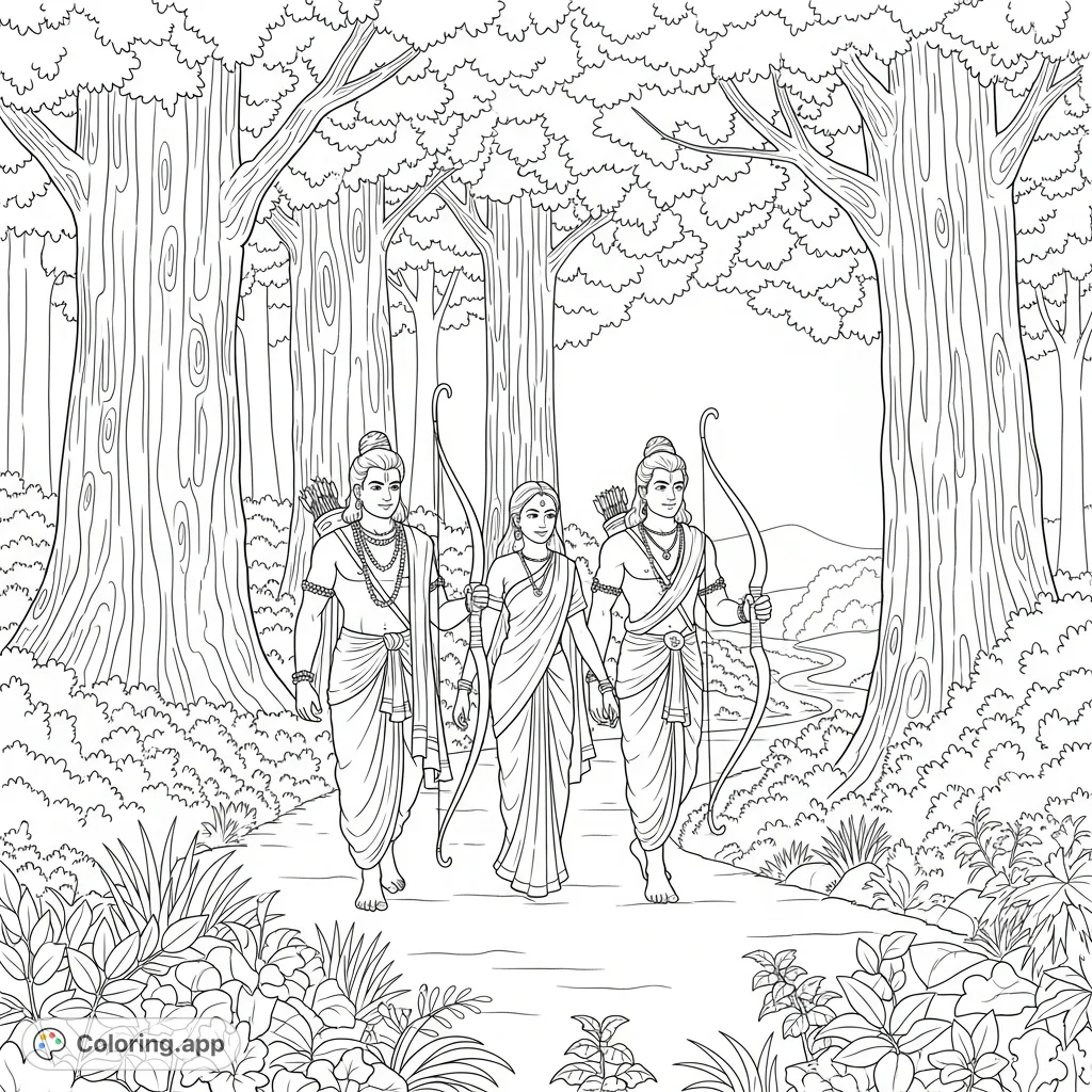 Join Rama, Sita, and Lakshman on their peaceful forest journey during exile. A detailed scene of ancient trees and nature for mindful coloring.