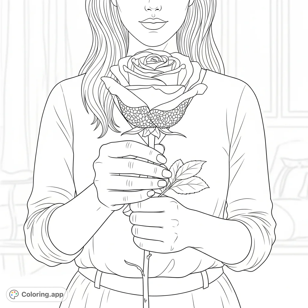 A woman holds a unique rose-shaped device with a focused expression in an intimate setting, perfect for an adult coloring page.