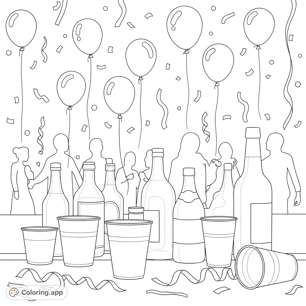 Capture the energy of a festive party scene with solo cups, bottles, and decorative elements. A dynamic design perfect for creative expression.