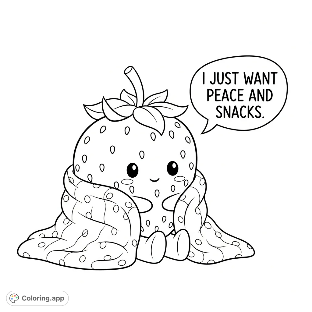 A delightful strawberry character relaxes under a cozy blanket, expressing a desire for peace and snacks in a cute speech bubble. Perfect for a calming coloring session!
