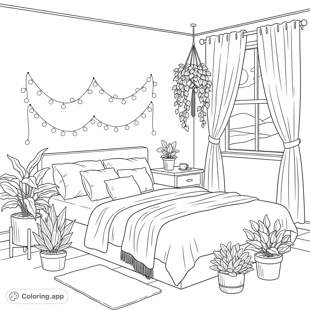 Step into a serene cozy aesthetic bedroom coloring page featuring a soft bed, fairy lights, plants, and a window with flowing curtains for ultimate relaxation.