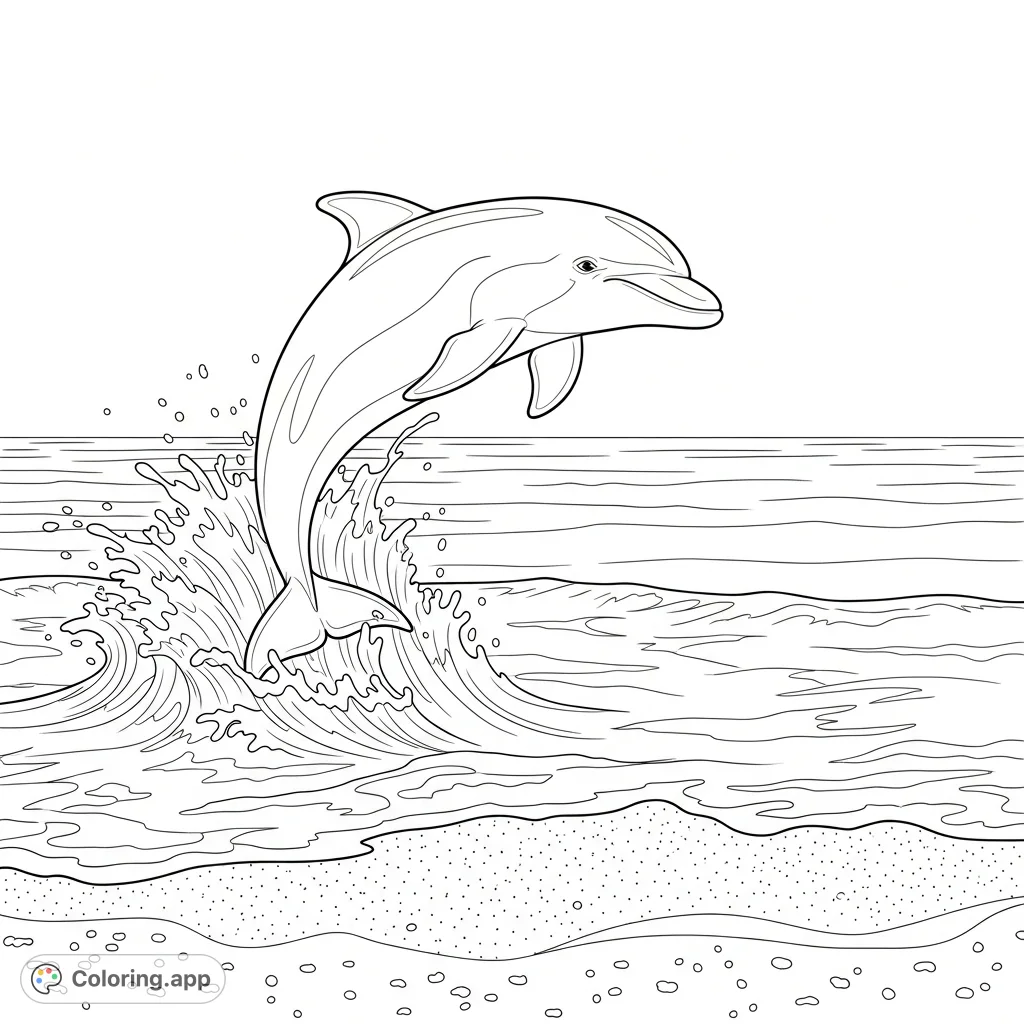A dynamic beach scene featuring a majestic dolphin leaping gracefully from the ocean, surrounded by a splash of water, with a sandy shore in the foreground.