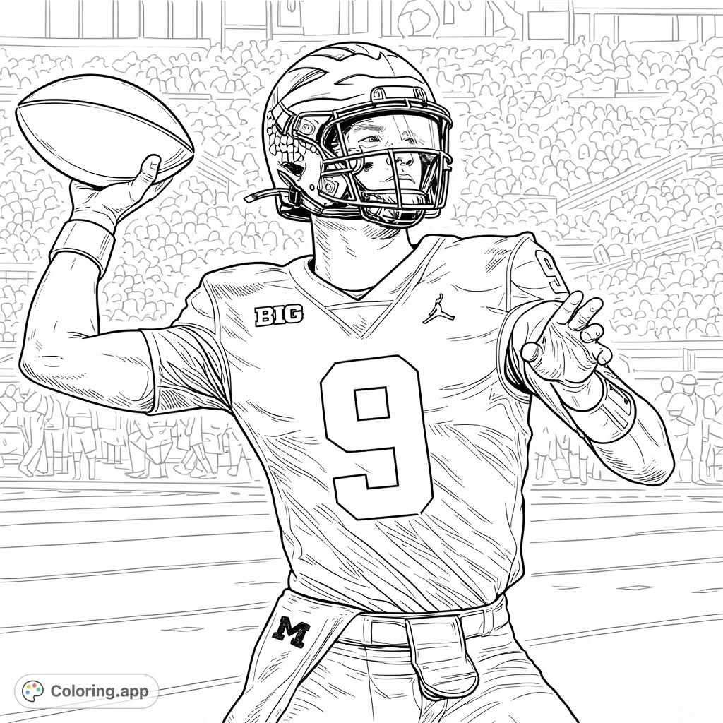 Capture the thrill of the game with this detailed football player coloring page, perfect for sports enthusiasts of all ages. Featuring an athlete mid-throw in a bustling stadium.