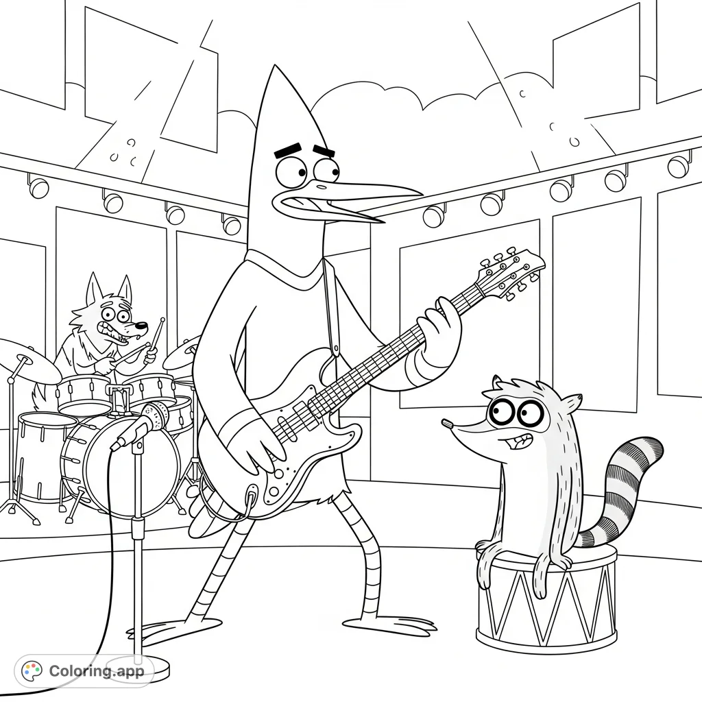 Join Mordecai shredding on electric guitar with Rigby cheering him on in this dynamic Regular Show coloring page. Perfect for fans to unleash their creativity!