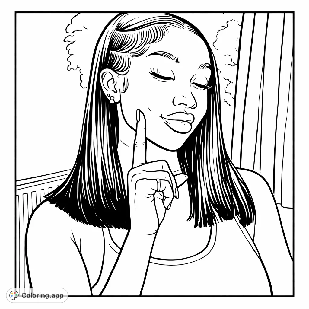 A delightful coloring page featuring a young woman with a playful expression, touching her cheek with a finger, and wearing a stylish bob hairstyle.