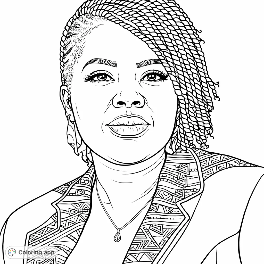 An elegant woman's portrait featuring intricate braided hair, a stylish patterned blazer, and delicate jewelry. Perfect for fashion and portrait enthusiasts.